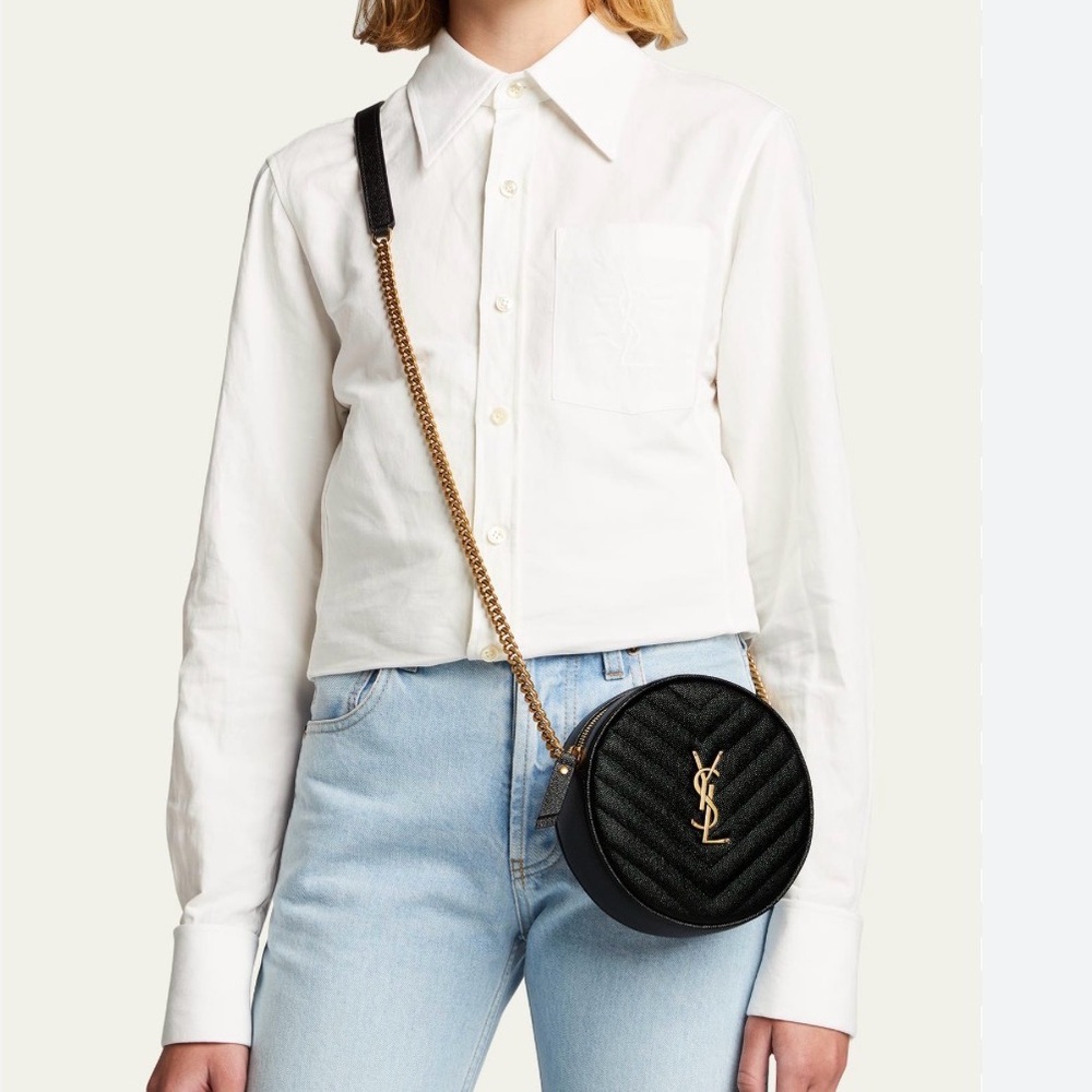 Saint Laurent Black Quilted Round Crossbody Camera Bag with Gold YSL Logo